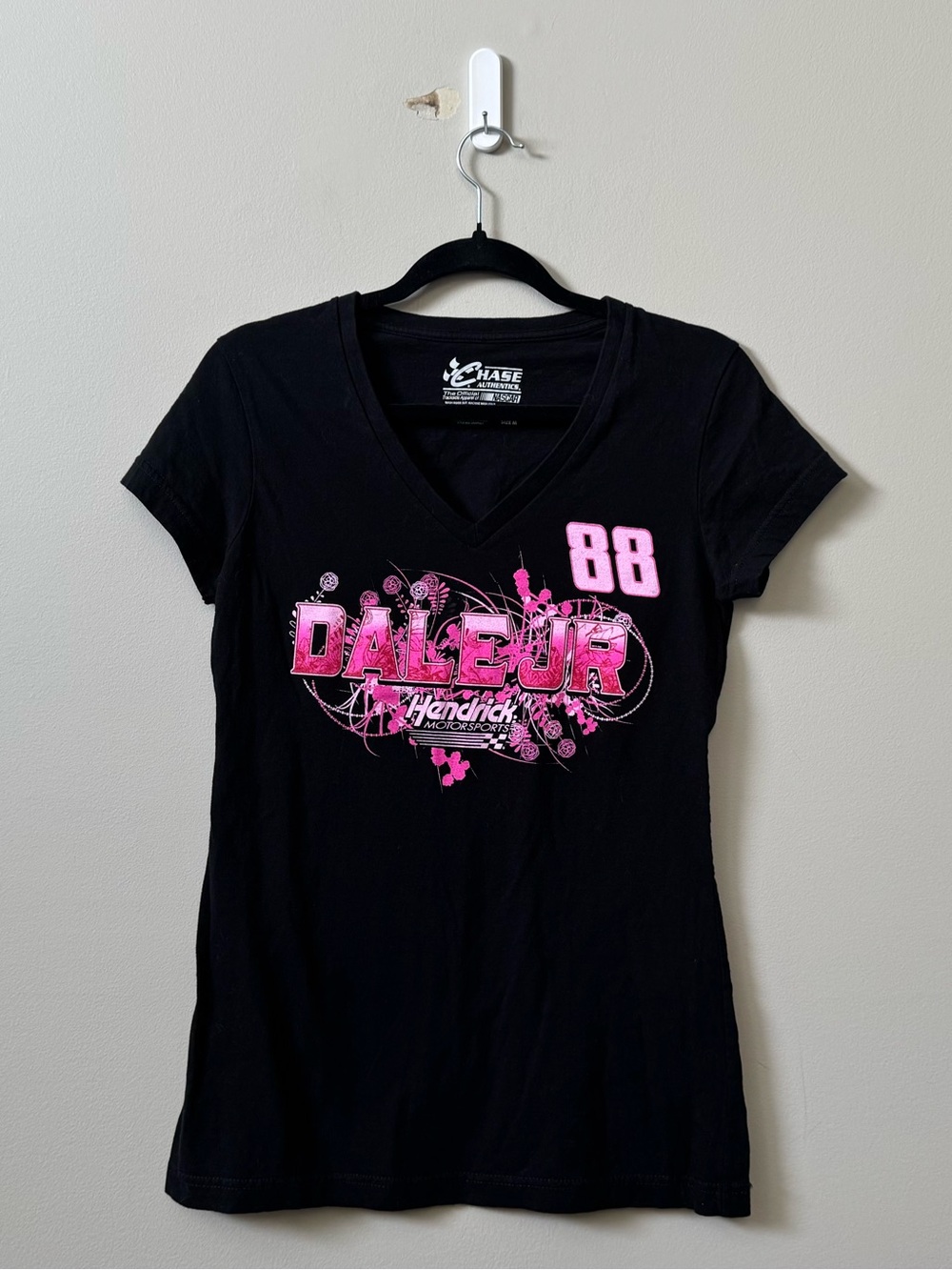 NASCAR Dale JR women’s pink/black #88 short sleeve v-neck t-shirt